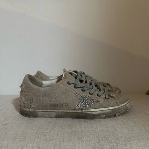 GOLDEN GOOSE SZ 39 Women's Natural 20mm Super Star Linen & Glitter Sneakers